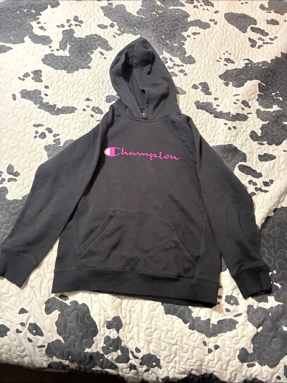 Champion Black Hoodie with Pink Logo